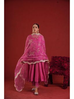 ONEWE INDIA - Rose Pink Chanderi Anarkali with Pant and Organza Dupatta