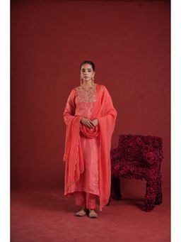 ONEWE INDIA - Peach Silk Hand Embellished Kurta with Pant and Dupatta