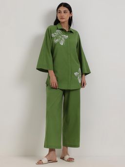 Pink Fort - Green Cotton Placement Floral Co-Ord Set