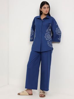 Pink Fort - Blue Cotton Floral Shirt Style Co-Ord Set