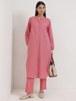 Pink Fort - Pink Linen Blend Solid A-Line Kurta with Pant
