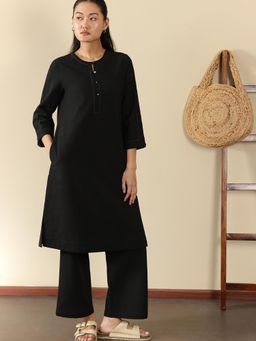 Pink Fort - Black Linen Blend Solid A-Line Kurta with Pant