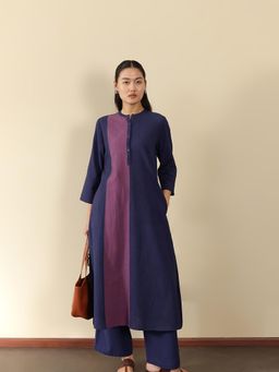 Pink Fort - Navy Blue Linen Blend Coloublock Kurta with Pant