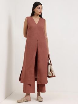 Pink Fort - Rust Linen Blend Solid A-Line Kurta with Pant