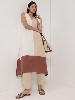 Pink Fort - Multi-Color Linen Blend Colourblock Kurta with Pant