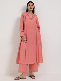 Pink Fort - Peach Cotton Floral A-Line Kurta with Pant