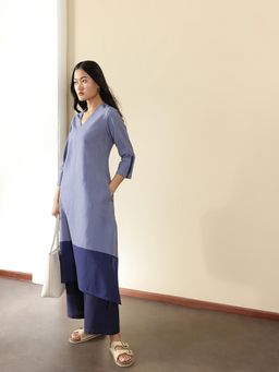 Pink Fort - Blue Linen Blend Coloublock A-Line Kurta with Pant