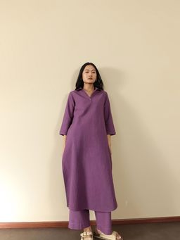 Pink Fort - Purple Linen Blend Solid A-Line Kurta with Pant