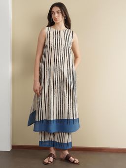 Pink Fort - Cream Cotton Striped Boat Neck Kurta with Pant