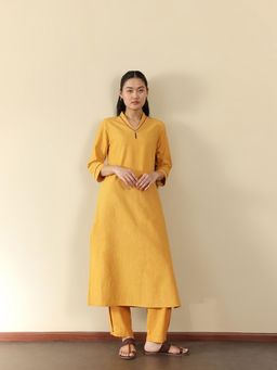 Pink Fort - Yellow Linen Blend Solid A-Line Kurta with Pant