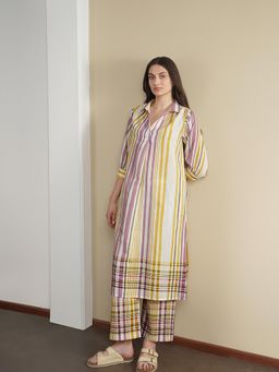 Pink Fort - Off White Cotton Striped Shirt Collar Kurta with Pant