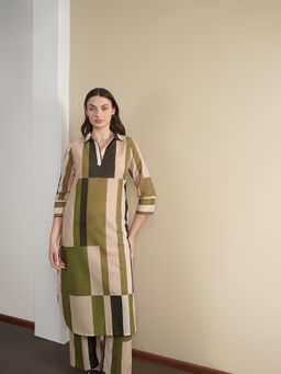 Pink Fort - Green Cotton Striped Shirt Collar Kurta with Pant