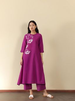 Pink Fort - Purple Cotton Floral Round Neck Kurta with Pant