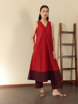 Pink Fort - Red Cotton Colourblock A-Line Kurta with Pant