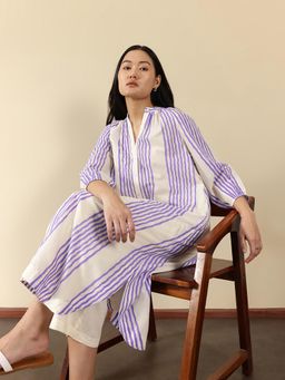 Pink Fort - Off White Cotton Striped Kurta with Pant