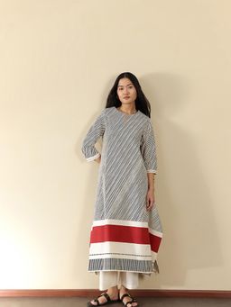 Pink Fort - Off White Cotton Striped Asymmetric Kurta with Pant