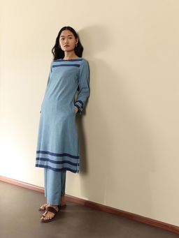 Pink Fort - Blue Cotton Striped Round Neck Kurta with Pant