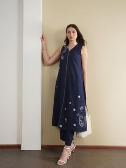 Pink Fort - Navy Blue Cotton Paisley A-Line Kurta with Pant