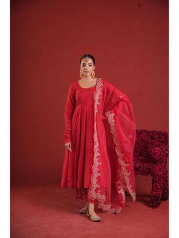 ONEWE INDIA - Red Chanderi Anarkali with Pant and embroidered Organza Dupatta