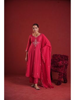 ONEWE INDIA - Red Chanderi A-Line Embroidered Kurta with Pant and Dupatta