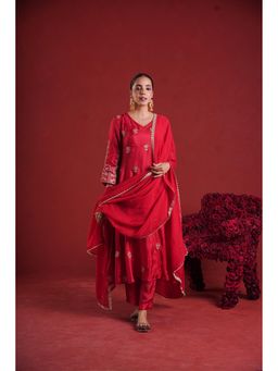 ONEWE INDIA - Red Silk Aari and Sequence Work Embroidery Kurta with Pant and Dupatta