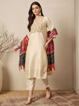 VredeVogel - Women Beige Silk Blend Embroidered Kurta with Pant and Dupatta