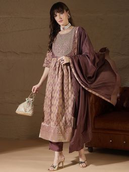 VredeVogel - Women Brown Cotton Silk Embroidered Kurta with Pant and Dupatta