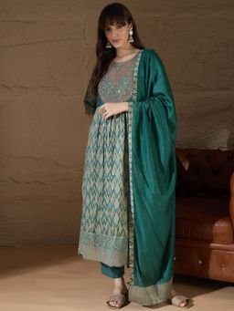 VredeVogel - Women Blue Cotton Silk Embroidered Kurta with Pant and Dupatta