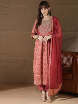 VredeVogel - Women Peach Cotton Silk Embroidered Kurta with Pant and Dupatta