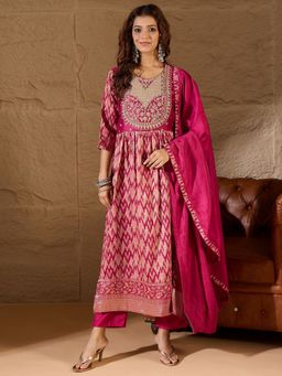 VredeVogel - Women Purple Cotton Silk Embroidered Kurta with Pant and Dupatta