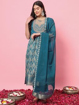VredeVogel - Women Blue Cotton Silk Embroidered Kurta with Pant and Dupatta