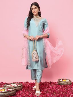 VredeVogel - Women Blue Silk Blend Embroidered Kurta with Pant and Dupatta