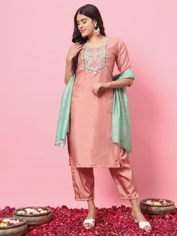 VredeVogel - Women Peach Silk Blend Embroidered Kurta with Pant and Dupatta