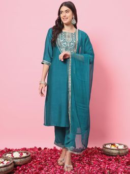 VredeVogel - Women Teal Silk Blend Embroidered Kurta with Pant and Dupatta