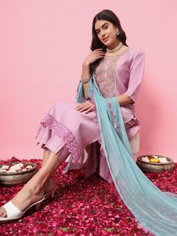 VredeVogel - Women Purple Cotton Silk Embroidered Kurta with Pant and Dupatta