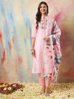 VredeVogel - Women Pink Cotton Silk Embroidered Kurta with Pant and Dupatta
