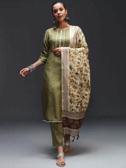 VredeVogel - Women Green Silk Blend Kurta with Pant and Dupatta