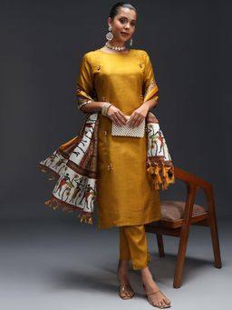 VredeVogel - Women Yellow Silk Blend Kurta with Pant and Dupatta