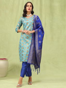 VredeVogel - Women Blue Cotton Silk Embellished/Sequined Kurta with Pant and Dupatta