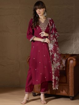 VredeVogel - Women Maroon Viscose Rayon Embroidered Kurta with Pant and Dupatta