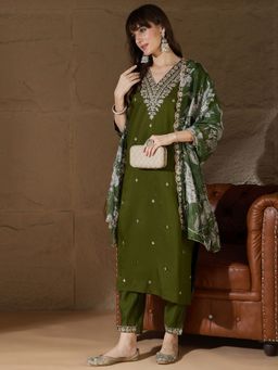 VredeVogel - Women Green Viscose Rayon Embroidered Kurta with Pant and Dupatta