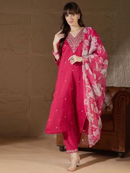 VredeVogel - Women Pink Viscose Rayon Embroidered Kurta with Pant and Dupatta