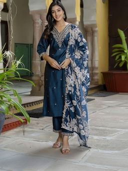VredeVogel - Women Blue Viscose Rayon Embroidered Kurta with Pant and Dupatta