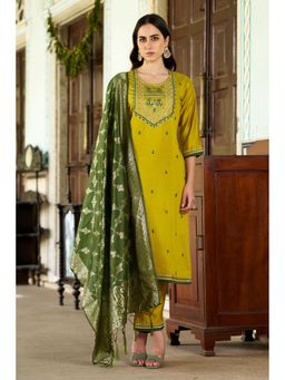 VredeVogel - Women Yellow Viscose Rayon Embroidered Kurta with Pant and Dupatta