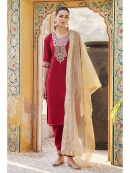 VredeVogel - Women Maroon Viscose Rayon Embroidered Kurta with Pant and Dupatta