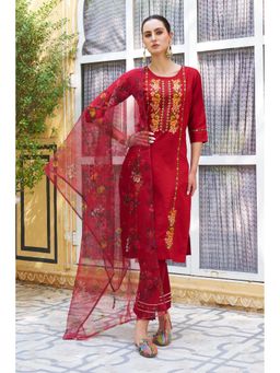 VredeVogel - Women Maroon Viscose Rayon Embroidered Kurta with Pant and Dupatta