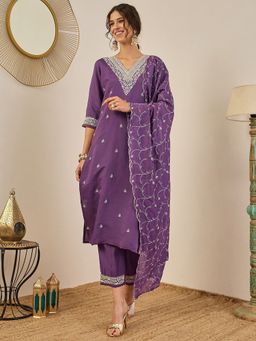 VredeVogel - Women Purple Silk Blend Embroidered Kurta with Pant and Dupatta