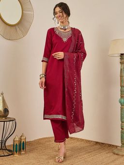 VredeVogel - Women Maroon Viscose Rayon Embroidered Kurta with Pant and Dupatta