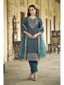 VredeVogel - Women Teal Silk Blend Embroidered Kurta with Pant and Dupatta