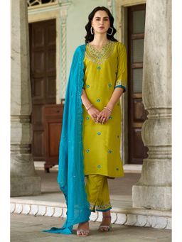 VredeVogel - Women Yellow Silk Blend Embroidered Kurta with Pant and Dupatta